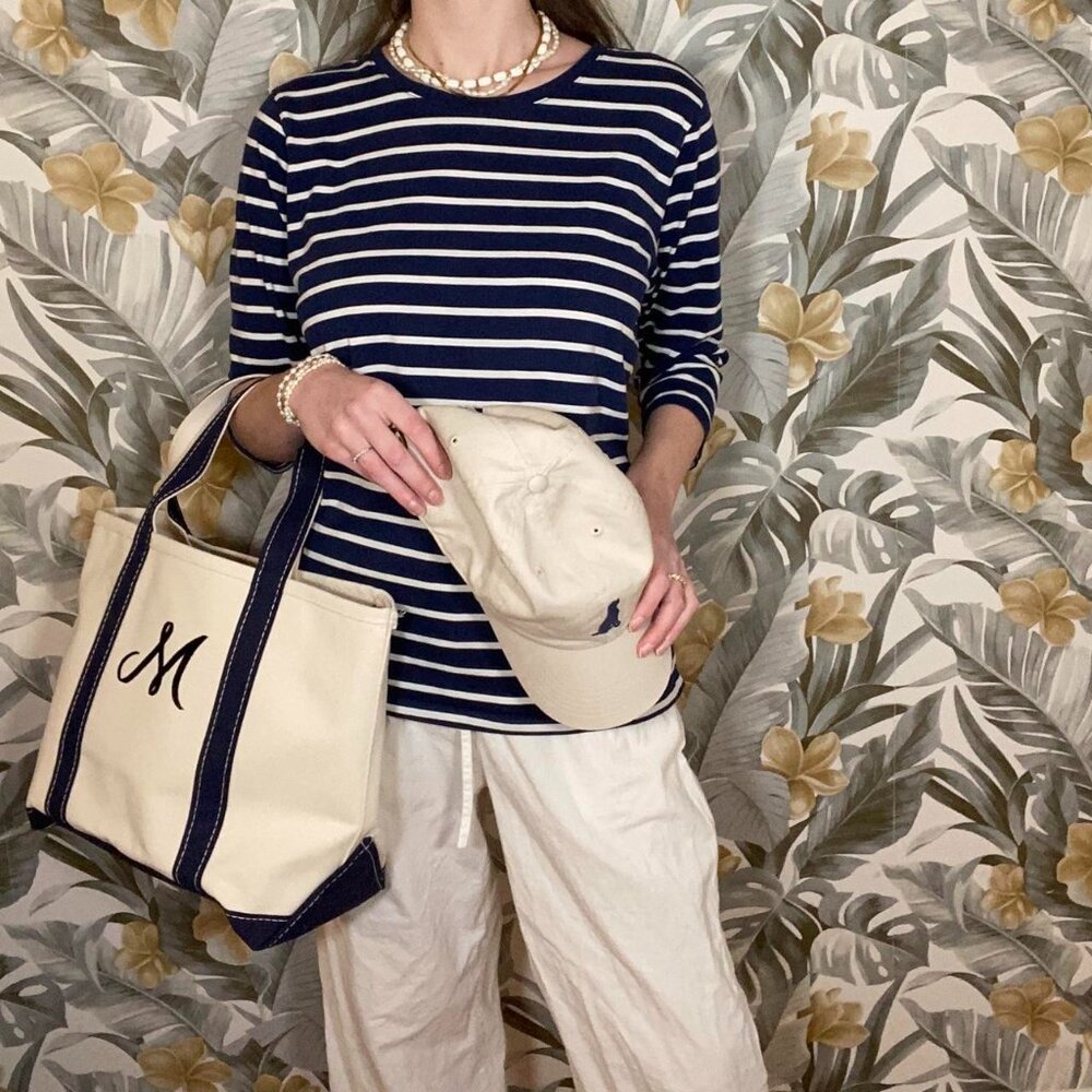 Nautical Blue and White Striped Lands End Shirt 100% Cotton Size Large